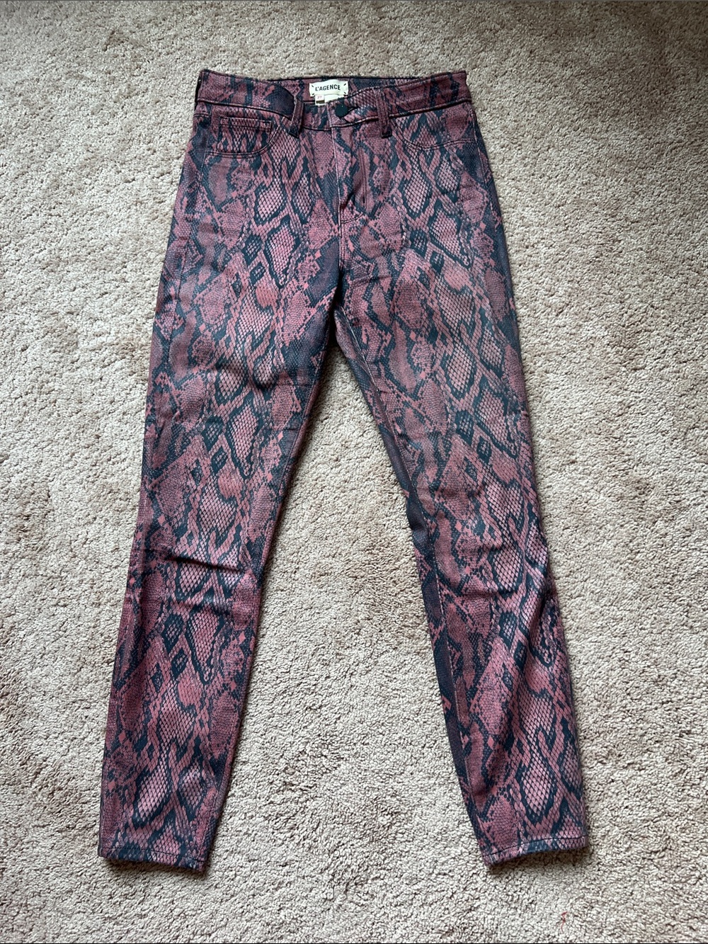 L’Agence Burgundy Snake-Print Skinny Jeans